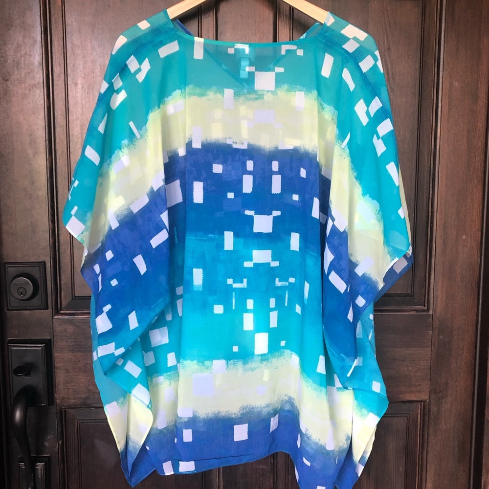 Chico’s L XL blue yellow print oversized top 14 - Picture 3 of 6